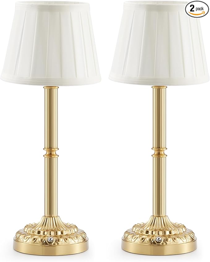 Rechargeable Cordless Table Lamps Set of 2 – Small Battery Operated Lamp, 3-Level Brightness Dimmer, Portable Wireless Lighting for Restaurant Dining Bedside Kitchen Living Room Patio, Vintage Brass