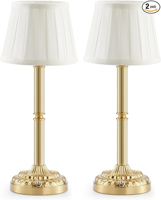 Rechargeable Cordless Table Lamps Set of 2 – Small Battery Operated Lamp, 3-Level Brightness Dimmer, Portable Wireless Lighting for Restaurant Dining Bedside Kitchen Living Room Patio, Vintage Brass