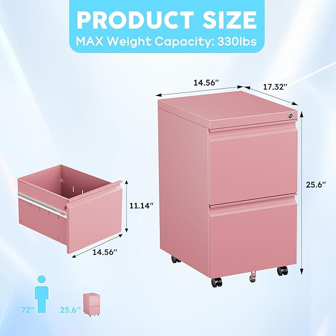 Aobabo 2 Drawer File Cabinet with Wheels, Lockable Metal Filing Cabinet for Home Office, Legal/Letter Size, Fully Assembled Except Wheels, Pink