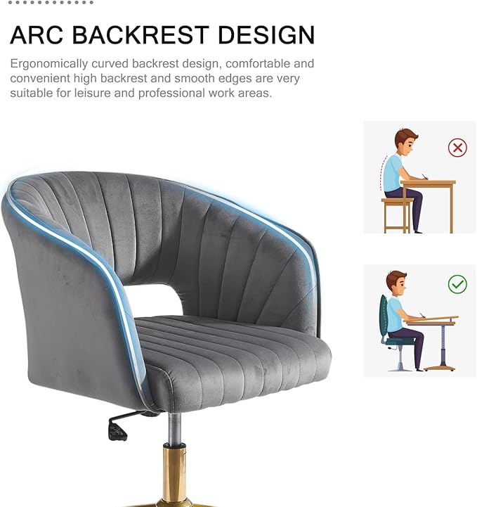 Nrizc Velvet Office Desk Chair, Grey, Adjustable Swivel Wheels, Ergonomic Design for Home Office, Bedroom, Study