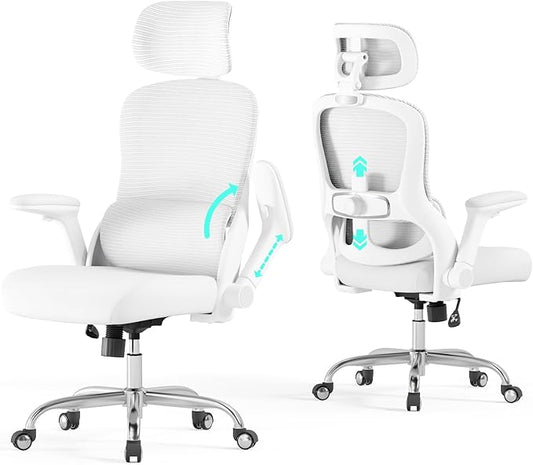 White Ergonomic Office Chair: Mesh Desk Chair Comfy with Adjustable Lumbar Support 400lbs High Back Computer Gaming Chair - Big and Tall Office Chairs with Extra Wide Seat-Adults Home Office