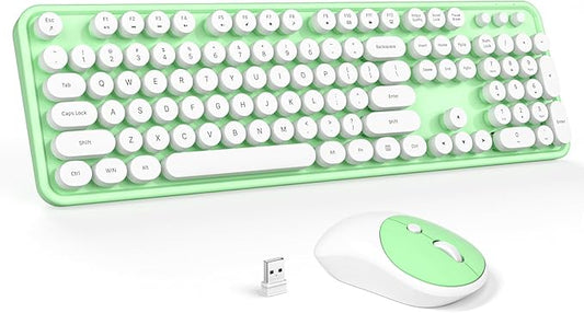 Wireless Keyboard and Mouse Combo - GEEZER Green-White Full-Sized Colorful Keyboard 104 Keys - USB 2.4 G Receiver Plug and Play with Round Keycap Typewriter Keyboards, for Windows, PC, Laptop, Desktop
