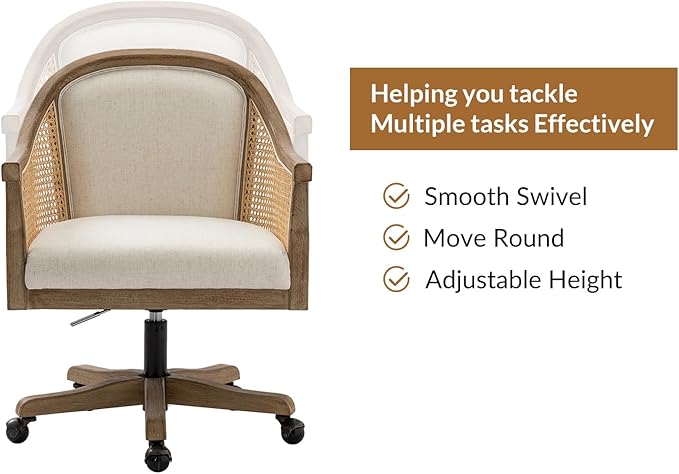 TINA'S HOME Rattan Desk Chair, Upholstered Home Office Chair with Armrest, Adjustable Swivel Rolling Height Computer Task Chair for Living Room Bedroom Study Room, Ivory
