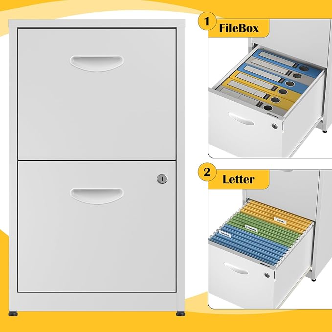 2 Drawer File Cabinet with Lock,White Metal Office Drawers Filing Cabinets for Home Office, Two Drawer Under Desk File Cabinet for Hanging Letter,Easy Assemble