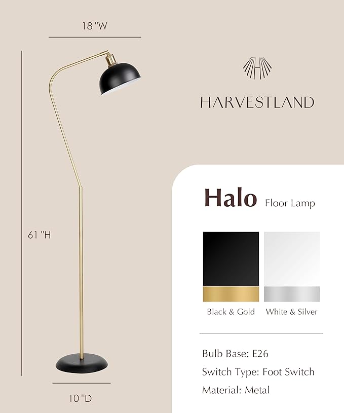 HarvestLand Halo Brass Floor Reading Lamp – Adjustable Pharmacy Floor Lamp with Solid Base, Reading Lamps Floor Standing, Black Floor Lamp for Living Room or Over Chair Use, Bedroom, Antique Décor