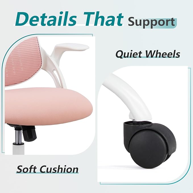SMUG Office Desk Chair - Ergonomic High Back Computer Task Chair with Comfy Lumbar Support and Adjustable Headest, 360° Swivel, Flip-up Armrest for Home, Bedroom, Gaming, Study, Student, Pink