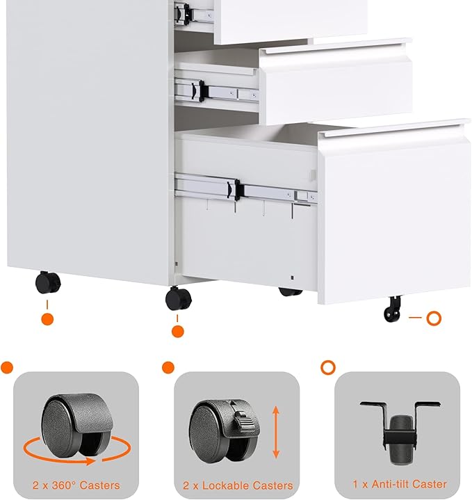 3 Drawer Metal Rolling File Cabinet with Lock, Under Desk Mobile Filing Storage Cabinet for Home Office School, Fully Assembled Except Wheels, White