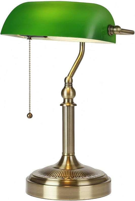 Newrays Glass Bankers Desk Lamp with Pull Chain Switch Plug in Fixture (Green-Simple, Simple Style)