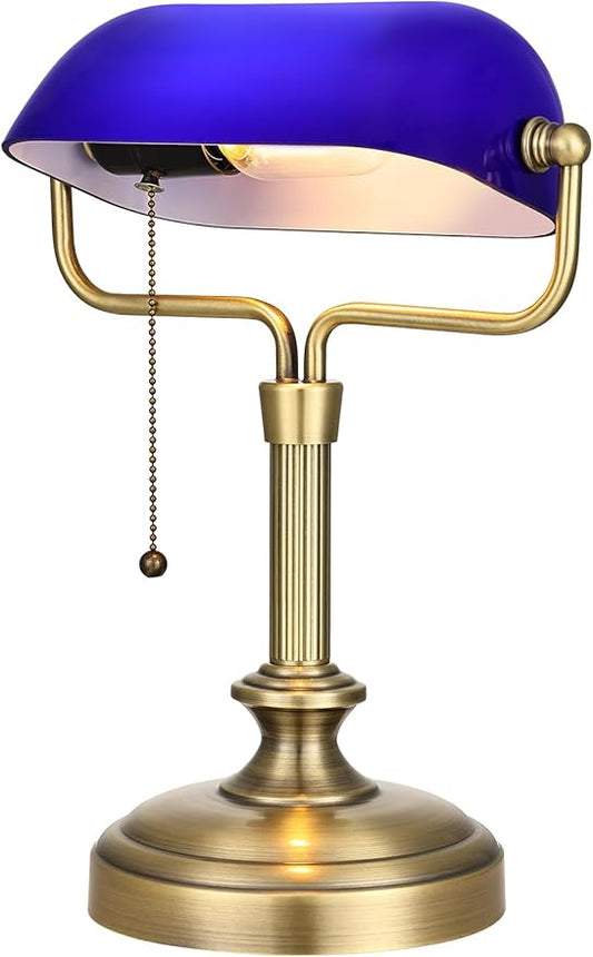 Traditional Banker's Desk Lamp with Glass Shade,Pull Chain Switch, LED Bulb Included (Antique Brass+Blue)