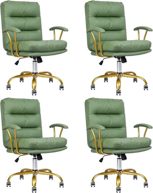 Leather Home Office Desk Chair, Mid-Back Vanity Chair Make Up Chair with Gold Wheels and Armrests, Rolling Swivel Computer Task Chair for Office Bedroom Living Room Girls Women, Green, 4 Pack