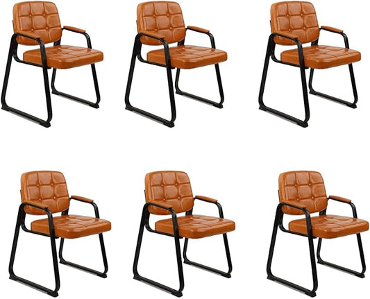 CLATINA Office Guest Chair, Leather Reception Chairs with Padded Arms, Desk Chair No Wheels Stationary for Conference Lobby Waiting Room Training Side Elderly, Set of 6-Orange