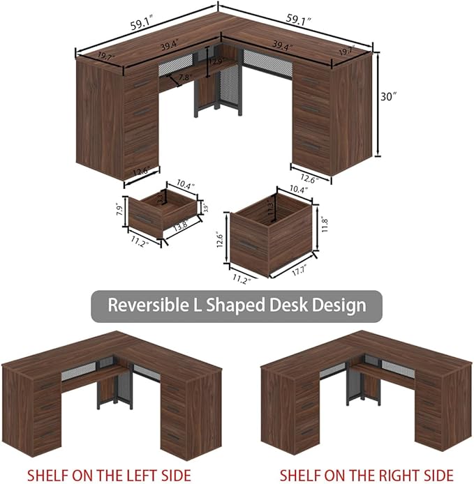 HSH Large L Shaped Executive Desk with Drawers, Home Office Metal Wood Computer Desk for Work Writing Study Gaming, Rustic L-Shaped Walnut Desk Table with File Drawer, Storage Cabinet Shelves, 59 in