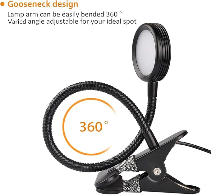 LEPOWER Clip on Light/Reading Lights/Book Light/Desk Lamp Color Changeable/Night Lights Clip on for Desk, Bed Headboard and Computers, Adapter Included (Black)