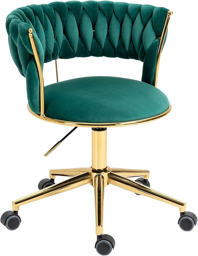 Home Office Chair with Hand Woven, Velvet Upholstered Desk Chair with Open Back, 360° Swivel & Height Adjustable Task Chair, Ergonomic Office Chair with Gold Base (Emerald)