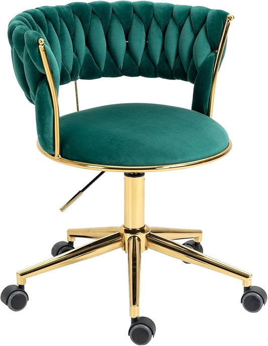 Home Office Chair with Hand Woven, Velvet Upholstered Desk Chair with Open Back, 360° Swivel & Height Adjustable Task Chair, Ergonomic Office Chair with Gold Base (Emerald)