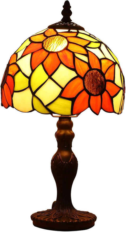 Tiffany Small Table Lamp Sunflower 3-Way Color Temperatures Stained Glass Table Lamps for Living Room Bedroom Bedside Nightstand Night Light Home Office Desk Lamp W/LED Bulb 8X8X15Inch
