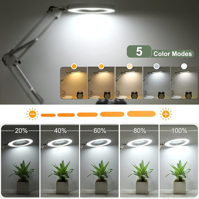 10X Magnifying Glass with Light and Stand, Upgrade Button 5 Color Modes Stepless Dimmable, 2-in-1 LED Lighted Magnifier Light, Hands Free Desk Lamp with Clamp for Craft Hobby Close Work - White