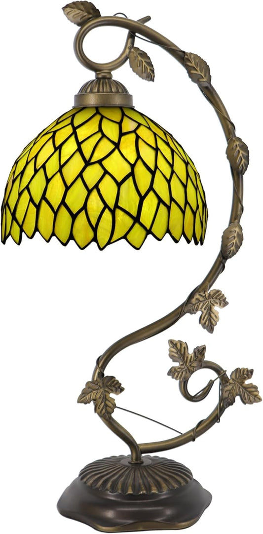 Tiffany Table Lamp, Stained Glass Desk Reading Light,Metal Leaf Table Lamp Base 8X10X21 Inches (Yellow Wisteria)
