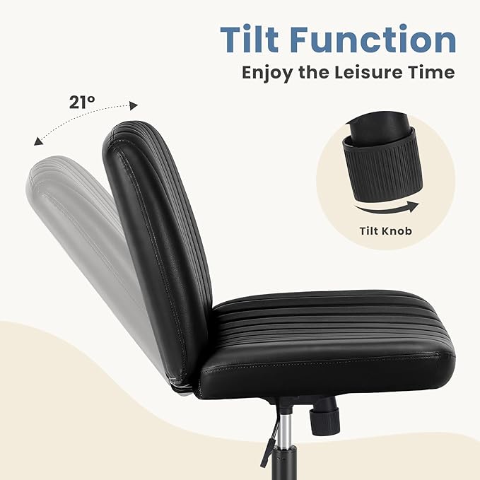DUMOS Desk Chair No Wheels, Criss Cross Chair Wide Cross Legged Office Desk Vanity Chair, PU Leather Armless Adjustable Swivel Chairs for Home Computer Task Black