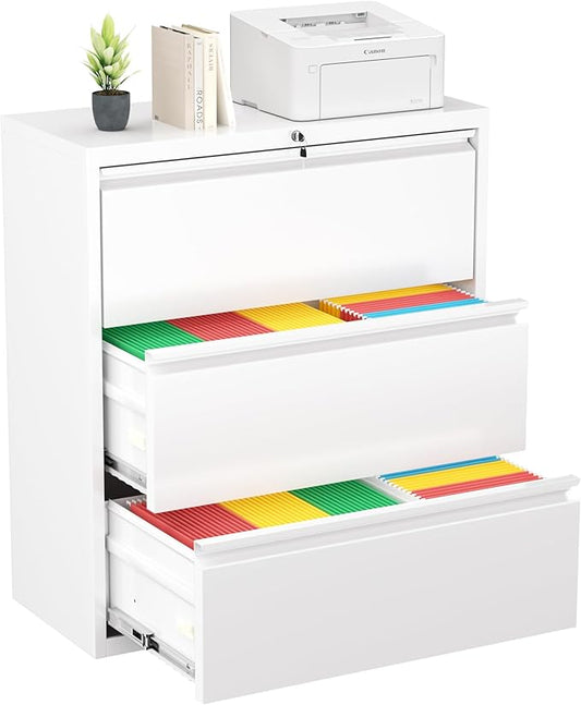 Greenvelly 3 Drawer Filing Cabinet, White Lateral File Cabinet with Lock, Lockable Metal File Cabinet for Home Office, Office File Cabinets for Legal/Letter/A4/F4 Size