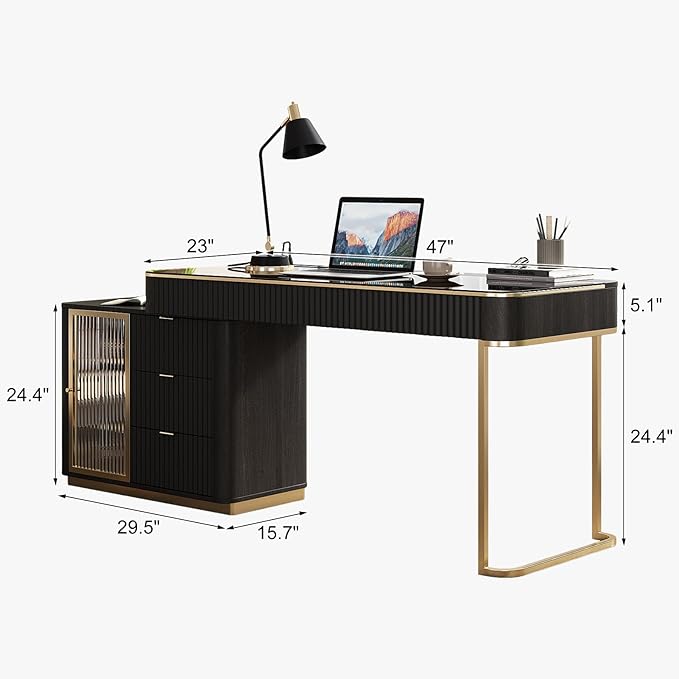 Lartis Office Desk, Very Easy to Assemble, Computer Desk, Home Telescopic Writing Desk, Modern Computer Desk with Retractable Cabinet Built-in LED Lights (Black Brown, 47 in)