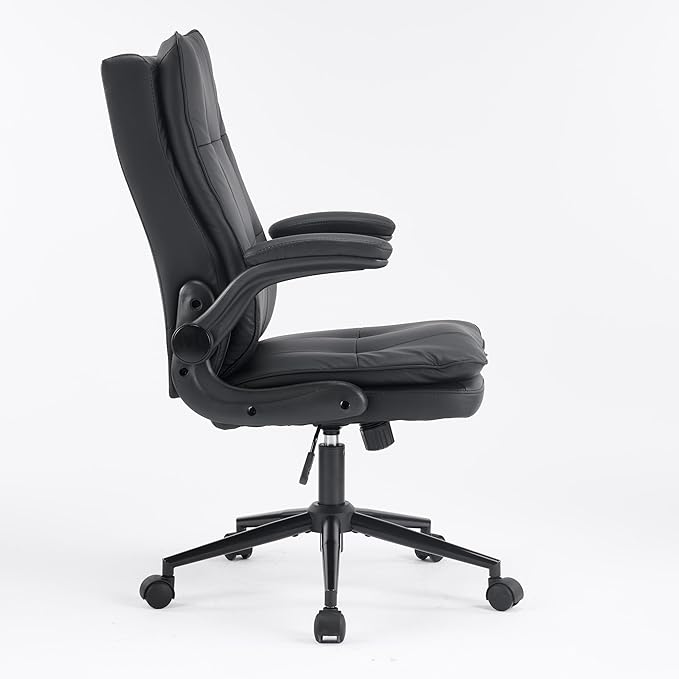 VINGLI Comfy Black Leather Office Desk Chair,Ergonomic High-Back Support Computer Gaming Chair with/No Wheels,Dual-Base,Adjustable Height,Flip-Up Arms,360° Swivel Rolling Task Chair for Home Office