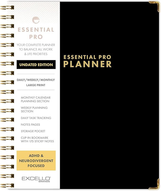 ESSENTIAL PRO Undated Daily, Weekly & Monthly Planner,Monthly Tabs,Daily Tracking,Notes Pages,Storage Pocket,Bookmark w Sticky Notes (Black)