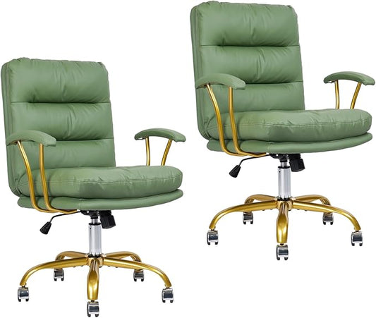 Leather Home Office Desk Chair, Mid-Back Vanity Chair Make Up Chair with Gold Wheels and Armrests, Rolling Swivel Computer Task Chair for Office Bedroom Living Room Girls Women, Green, 2 Pack