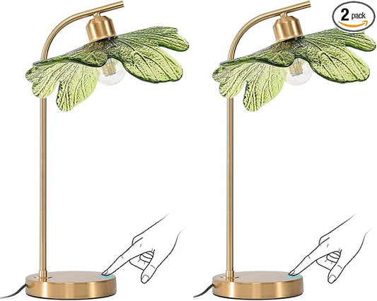 touch Table Lamp set of 2, Mid Century Modern Table lamp Gold Desk lamp tall table lamp nightstand lamp with Green Glass Flower Shade Bedside Table Lamp for end table Bedroom Living Room Office