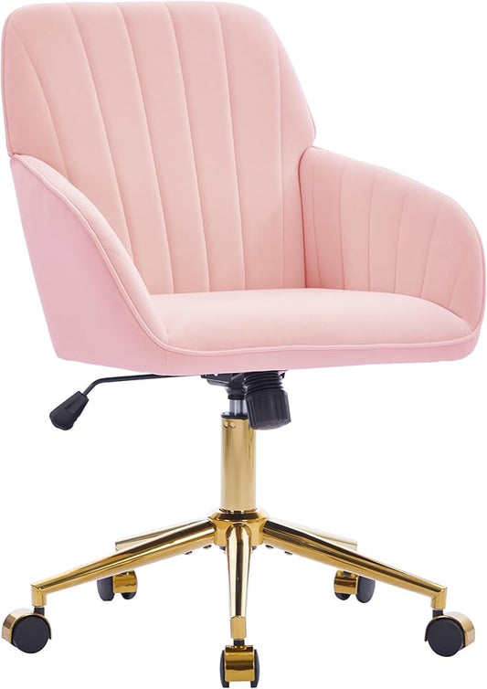 YISHENG Velvet Office Desk Chair with Gold Base, with Wheels,Modern Height Adjustable 360 Degree Swivel Upholstered Vanity Chairs with Arms for Living Room Bedroom,Pink
