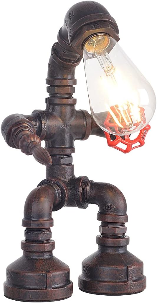Water Pipe Table Lamp Robot Style- Retro Industrial Table Light- Antique Steampunk Metal Desk Lamp Bedside Lighting Fixture for Office, Reading Kids Room, Cafe Bar (Rust-Style A)