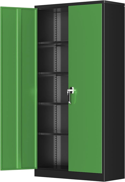 Greenvelly Metal Garage Storage Cabinet with 2 Doors and 4 Adjustable Shelves, 72”H Steel Lockable Storage Cabinet,Tall Metal Cabinet Locking File Cabinet for Office,Home, Garage, Gym, School