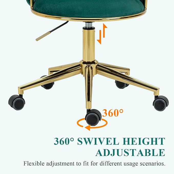 Home Office Chair with Hand Woven, Velvet Upholstered Desk Chair with Open Back, 360° Swivel & Height Adjustable Task Chair, Ergonomic Office Chair with Gold Base (Emerald)