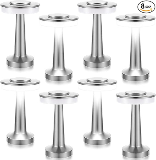 VIHOSE 8 Pcs 8 Pcs Cordless Table Lamps LED Portable Rechargeable Table Lamp with Touch Sensor 3 Color Dimming up to 15 Hours Battery Desk Light for Restaurant Nursery Living Room (Silver)