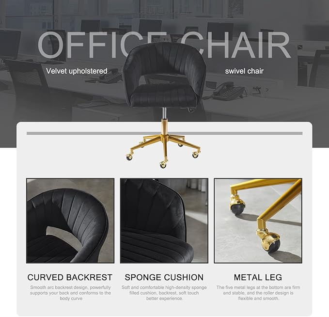 Nrizc Velvet Office Desk Chair, Upholstered Home Office Desk Chairs with Adjustable Swivel Wheels, Ergonomic Office Chair for Living Room, Bedroom, Office, Vanity Study (Black)