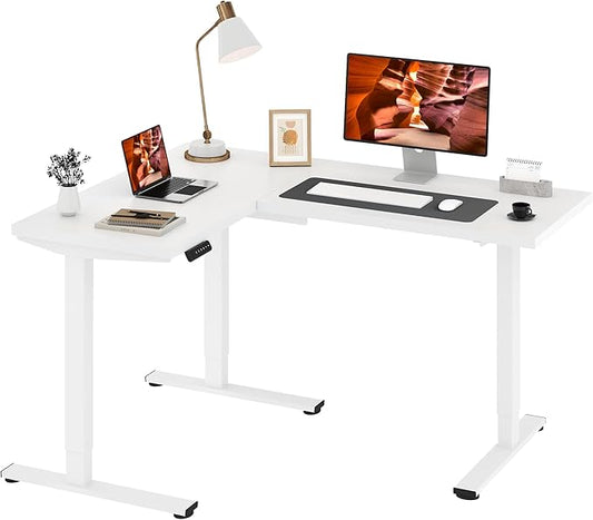 L-Shaped Standing Desk, 63 x 47 Inches Height Adjustable Desk, Sit and Stand up for Work Office Home, Ergonomic Rising Computer Table for Home Office with Splice Board, White