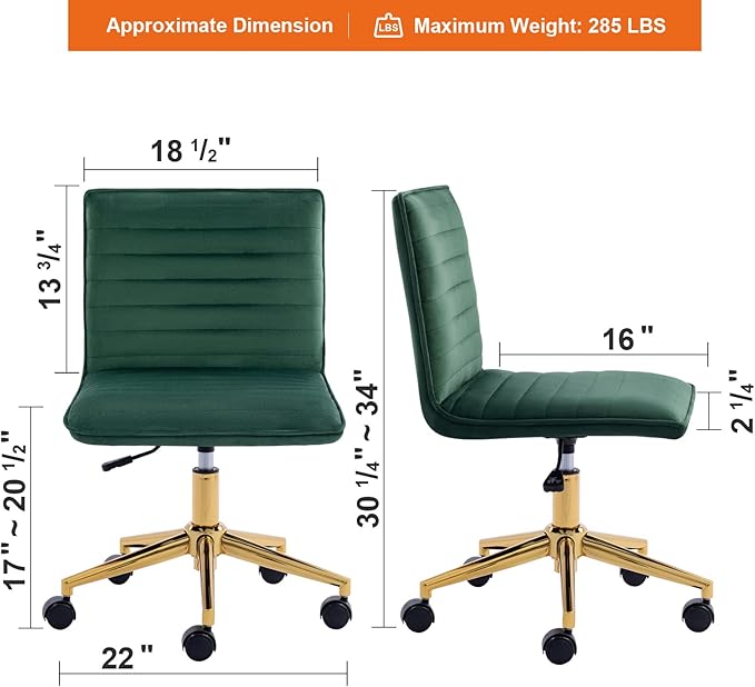 Furnimart Velvet Home Office Armless Desk Chair Adjustable Task Chairs Small Swivel Upholstered Office Chair Students Desk Chair Mid-Back Home Office Chair Dorm Chair (Velvet-DarkGreen)