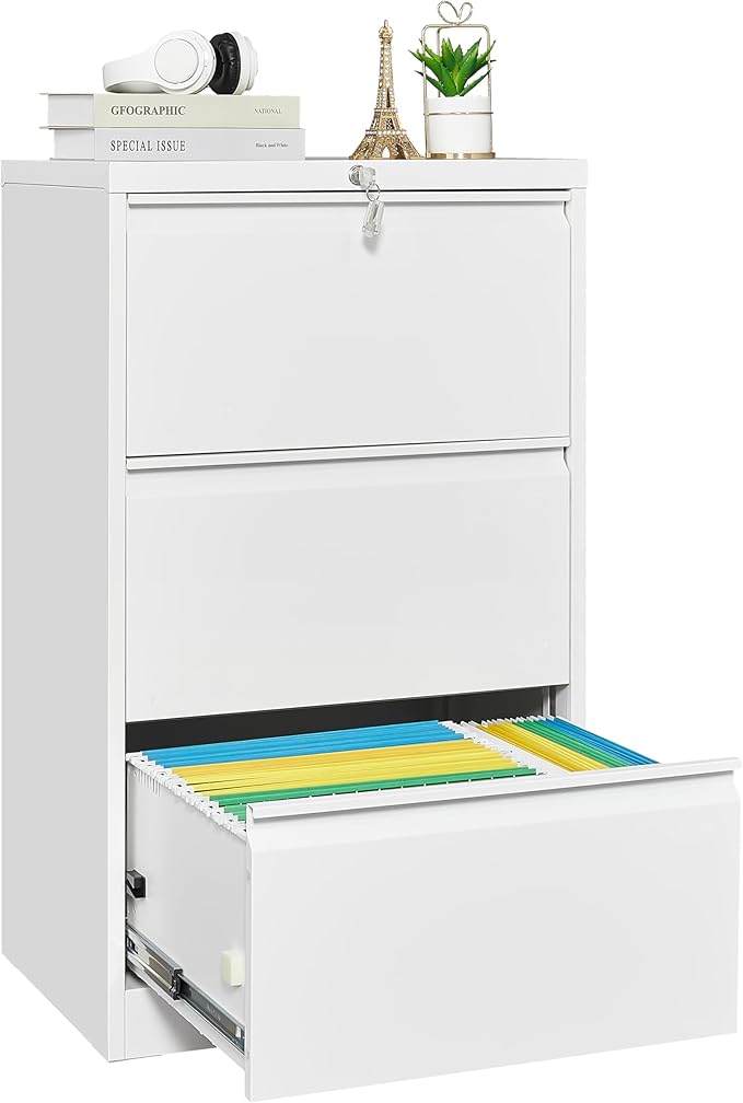 GarveeLife 3 Drawers Lateral File Cabinet with Lock, Metal Filing Cabinet with Card Holder, Steel Drawer File Cabinets Under Desk for Home Office Legal/Letter/f4/a4 Size White