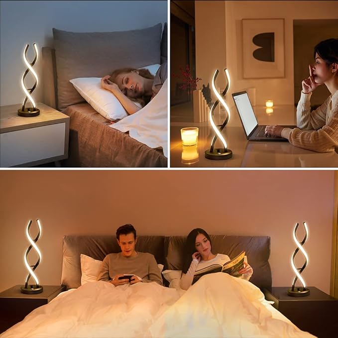 LED Modern Table Lamp, Stepless Dimmable Spiral Table Lamps for Bedroom, 3 Colors Touch Control Bedside Nightstand Lamp with 1 USB Charging Ports, Desk Lamps for Living Room Office (Black)