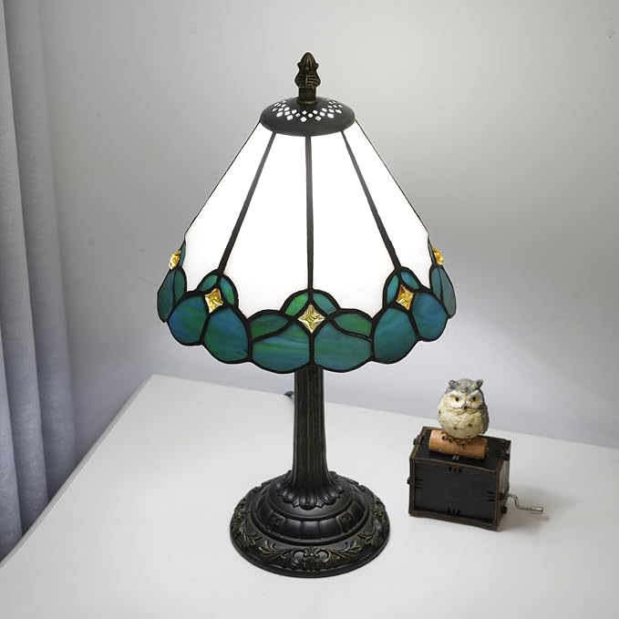 White Tiffany Lamp Small Bedside Dector Light Vintage Stained Glass Table Lamp Living Room Night Lamp Farmhouse Cute Blue Green Butterfly Wings Style Bedroom Nightstand Desk Lamps 8 Inch Mini Gift