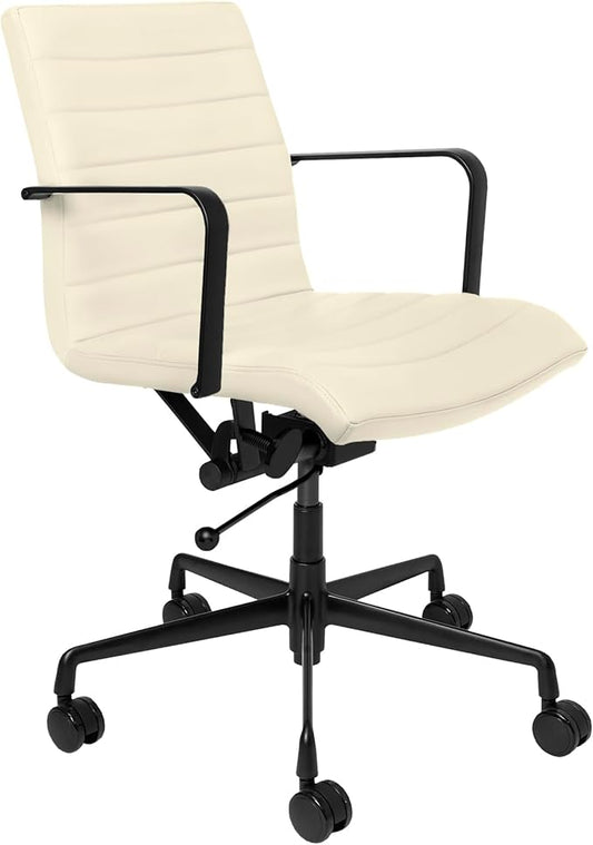 Laura Davidson Furniture SOHO II Ribbed Office Chair - Mid Back Desk Chair, Ergonomically Designed with Arm Rest & Swivel, Made of Faux Leather, Sand with Black Frame, Computer Chair