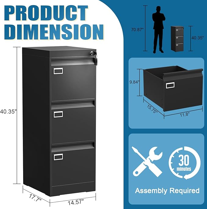 3 Drawer File Cabinet with Lock, Metal Vertical Filing Storage Cabinet, Black Filing Cabinets for Home Office, Narrow File Cabinet Locked for A4/F4/Letter/Legal, Easy Assemble