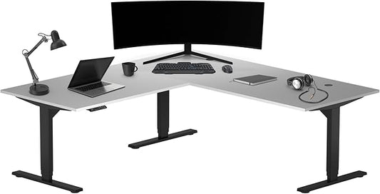 Progressive Desk Height Adjustable Electric Standing Desk - L Shaped 72" x 72" Computer Stand Up Rising Workstation Corner Table - Black Frame, Warm White Top