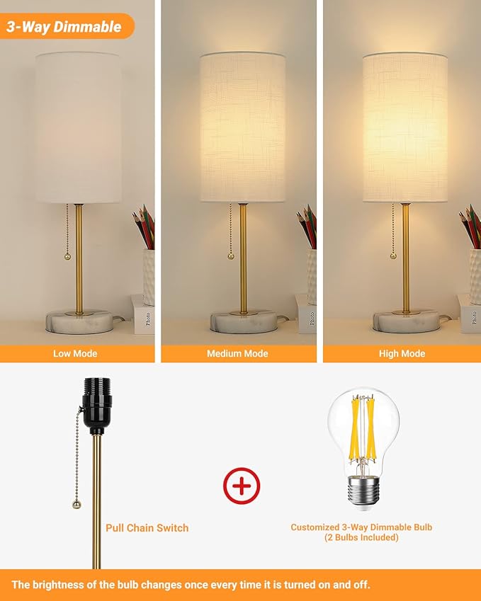 Small Table Lamp, Bedroom Lamps Set of 2, 3 Way Dimmable Bedside Lamps with Marble Base & Linen Shade &Pull Chain Nightstand Lamps 18.5 Inches Desk Lamps for Living Room(Bulbs Included)