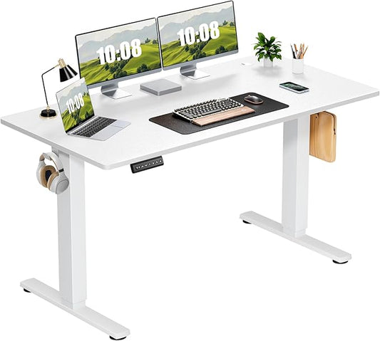 Sweetcrispy Electric Adjustable Height Standing Desk - 55 x 24 inch Sit to Stand Up Desk with Splice Board, Rising Home Office Computer Table with 2 Hook and Wire Hole for Work