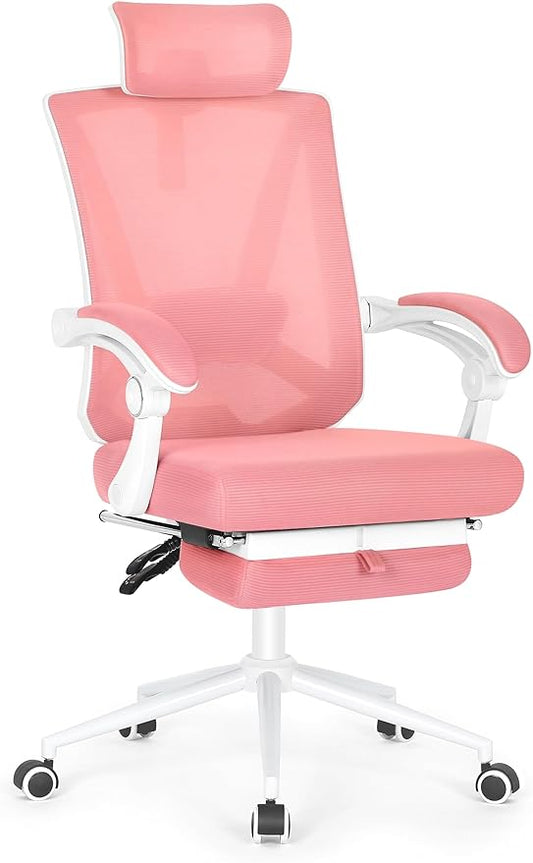 Misolant Ergonomic Office Chair with Footrest, Pink Desk Chair with Adjustable 2D Lumbar Support, High Back Mesh Ergonomic Office Chairs with Adjustable Headrest and Linkage Armrest