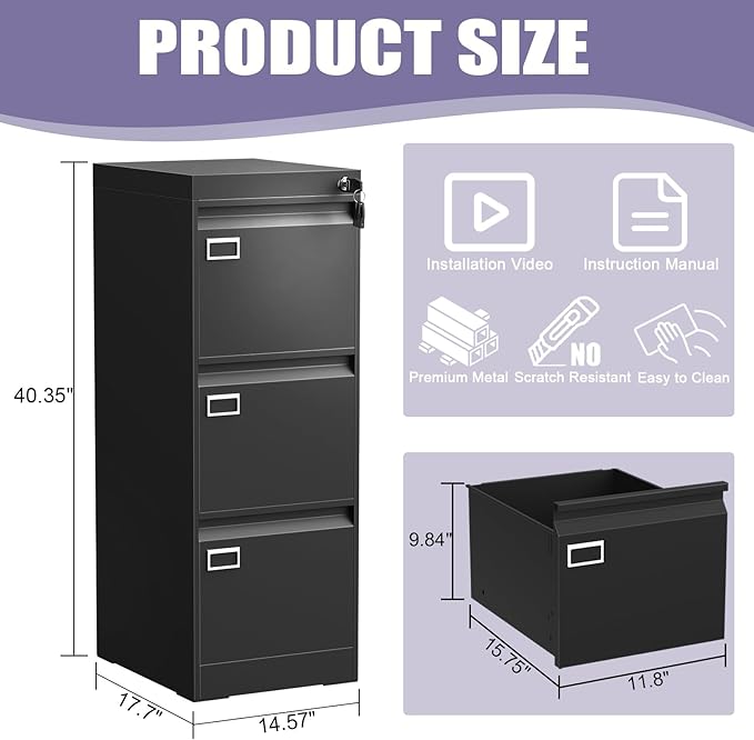 3 Drawer Metal File Cabinet with Lock, Small Locking Filing Cabinets, Vertical File Cabinet with Key, Black Under Desk Filing Cabinets for Home Office