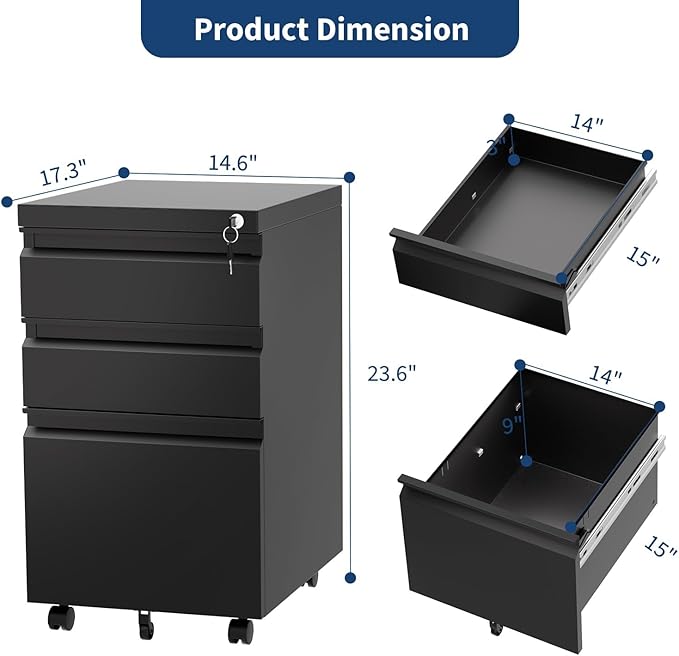 3-Drawer Mobile File Cabinet with Lock & Wheels, Under Desk Lateral Filing Cabinet for Legal/Letter/A4 Files, Adjustable Shelf, Easy Assembly, Office Home Storage, Dark Black