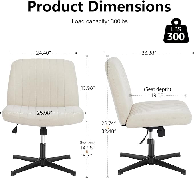 DUMOS Desk Chair No Wheels, Criss Cross Chair Wide Cross Legged Office Desk Vanity Comfy Chair, Armless Adjustable Swivel Chairs for Home Computer Task Beige