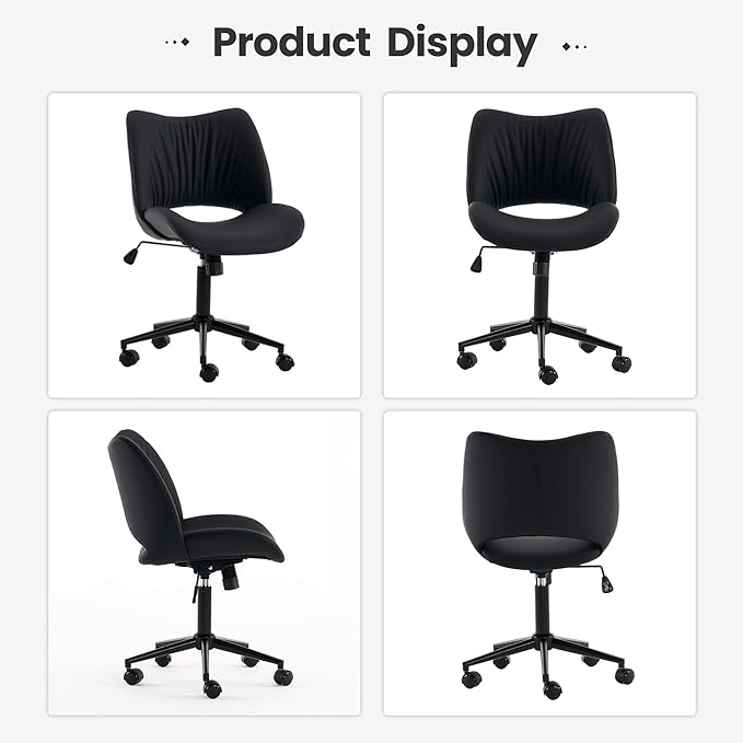 Rowill Armless Office Desk Chair, Ergonomic PU Leather Modern Task Chair with Back Adjustable Height, 360° Swivel Vanity Chairs with Wheels for Small Space, Home Office, Bedroom, Black
